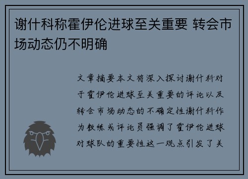 谢什科称霍伊伦进球至关重要 转会市场动态仍不明确