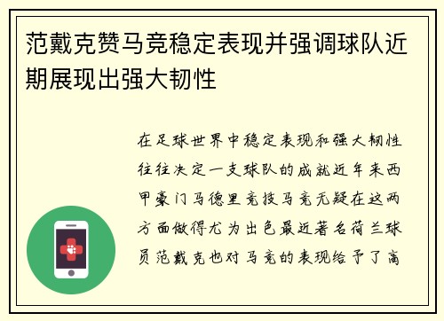 范戴克赞马竞稳定表现并强调球队近期展现出强大韧性